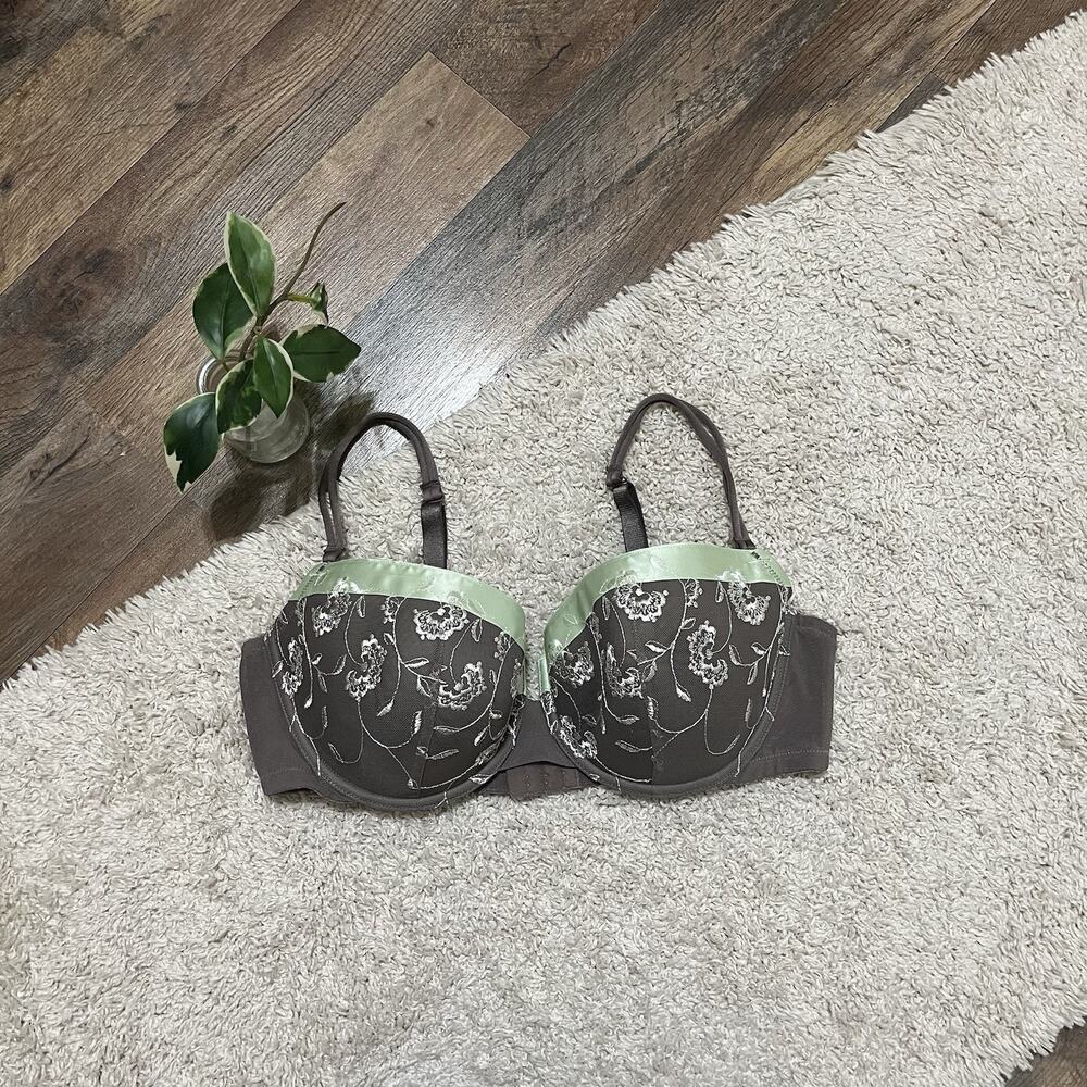 Cacique Size 40DD Gray Green Floral Embroidered Lightly Lined Underwire Bra